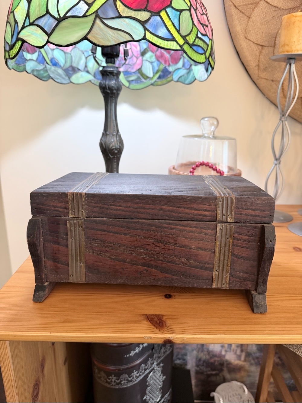 Vintage Wood Storage Box with Brass Accent Straps
